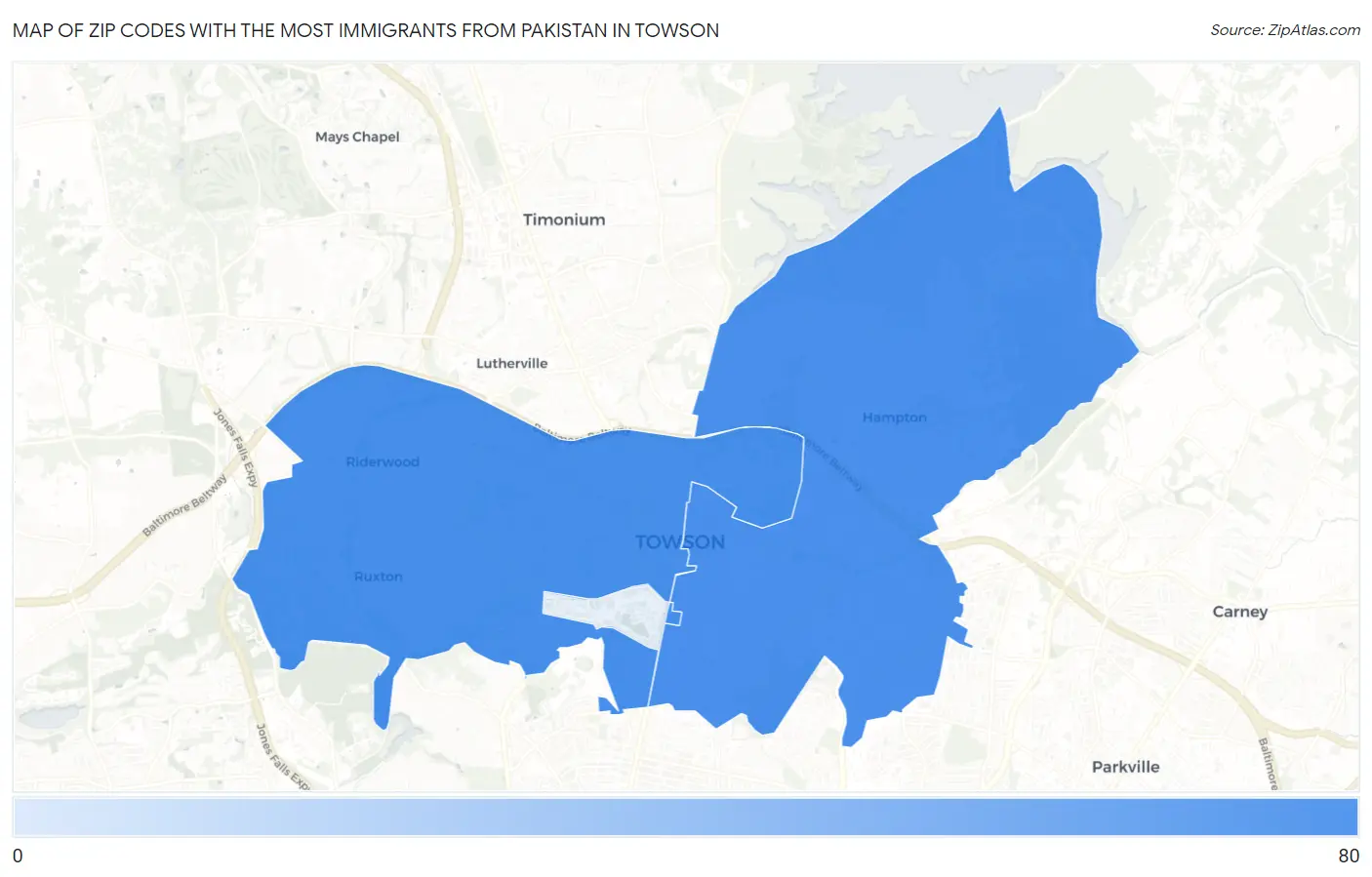 Zip Codes with the Most Immigrants from Pakistan in Towson Map