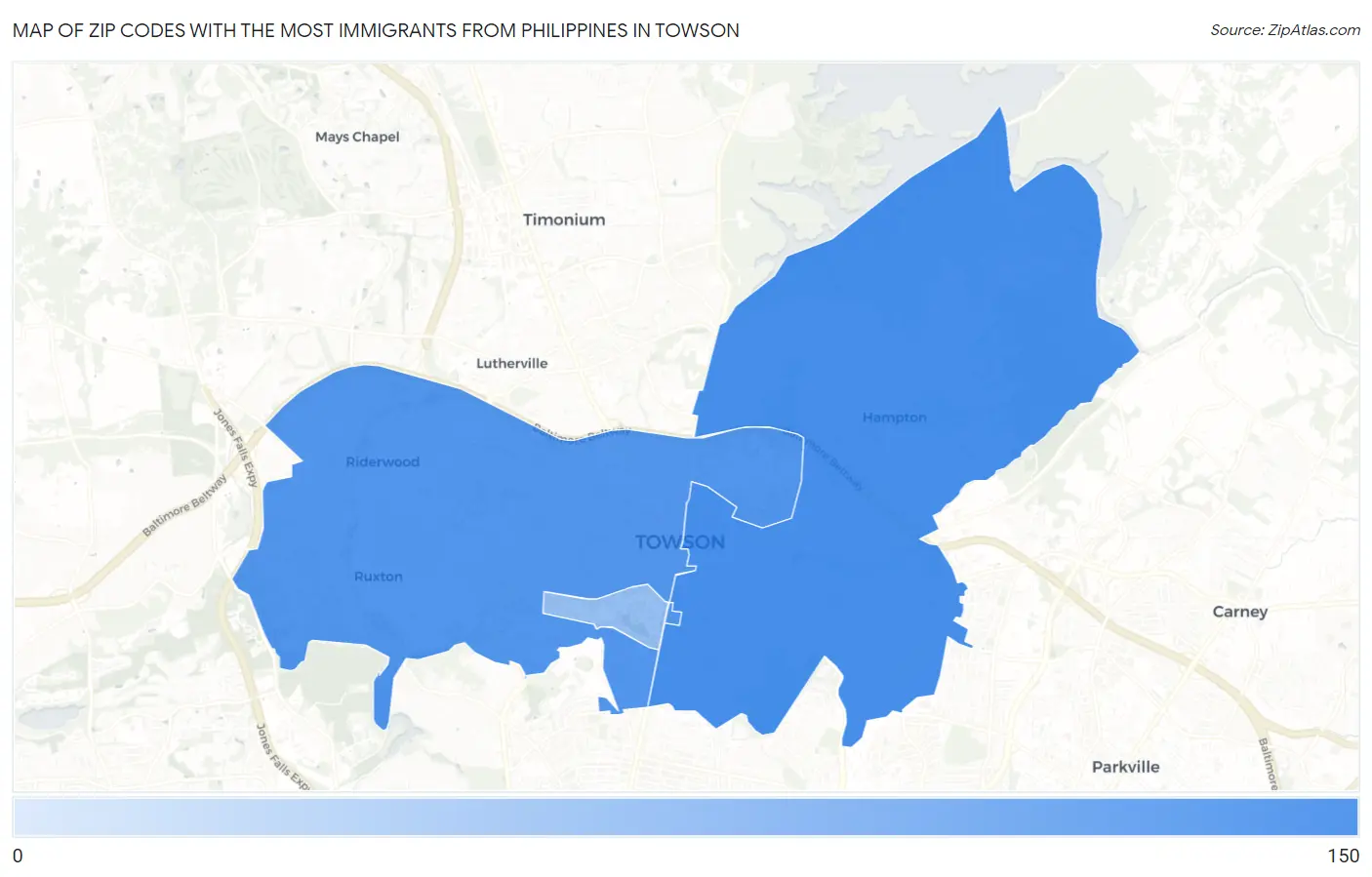 Zip Codes with the Most Immigrants from Philippines in Towson Map
