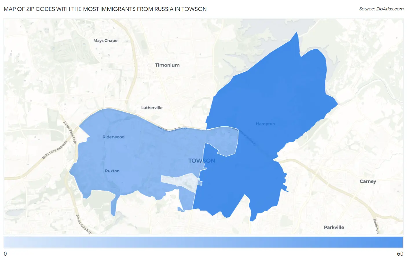 Zip Codes with the Most Immigrants from Russia in Towson Map