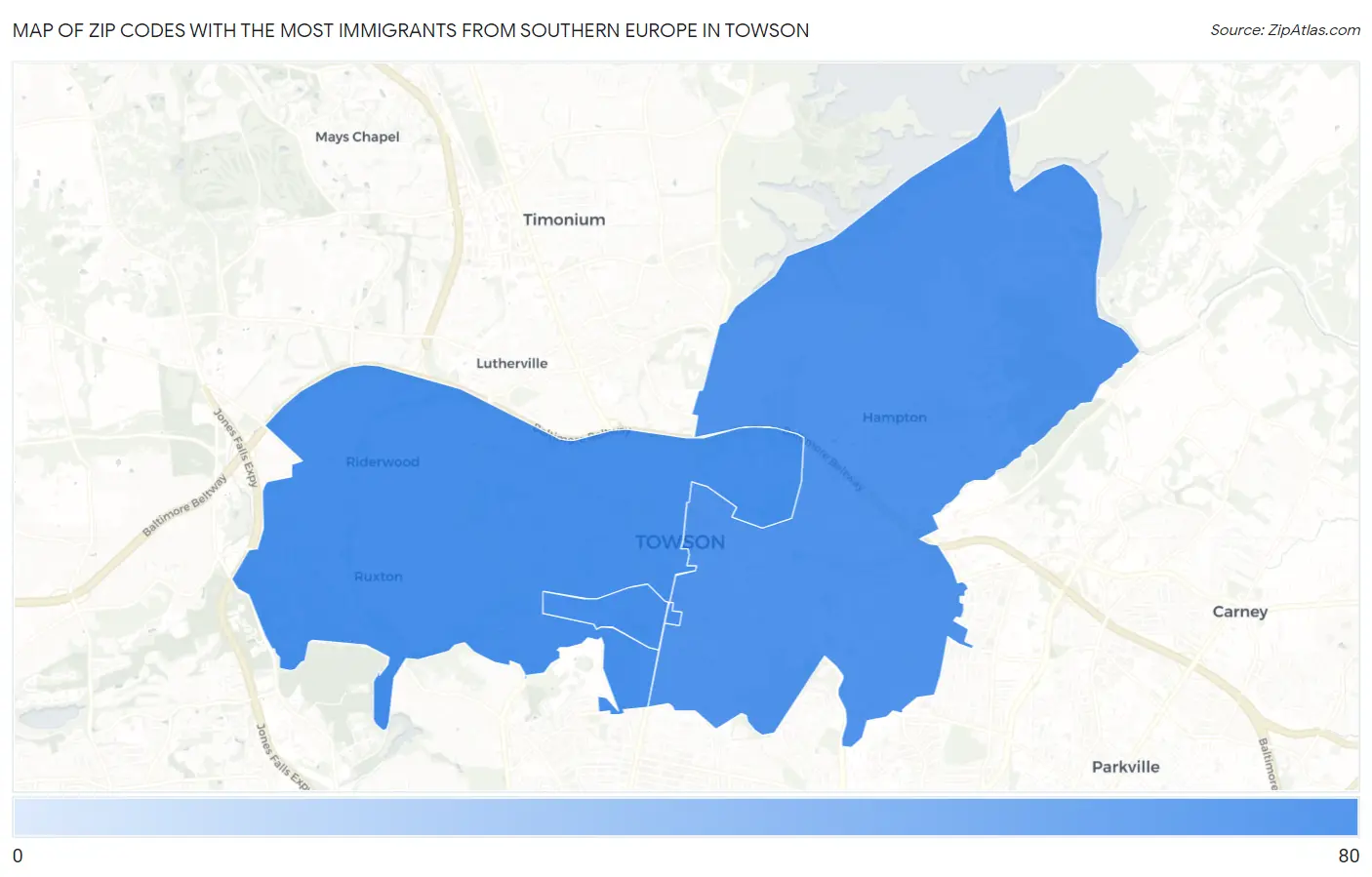 Zip Codes with the Most Immigrants from Southern Europe in Towson Map