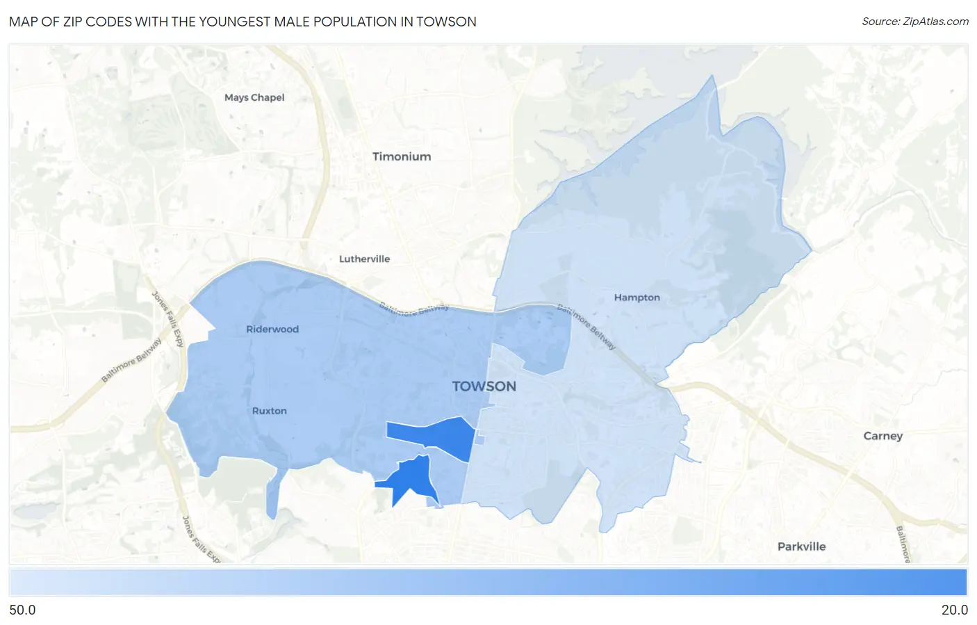 Zip Codes with the Youngest Male Population in Towson Map