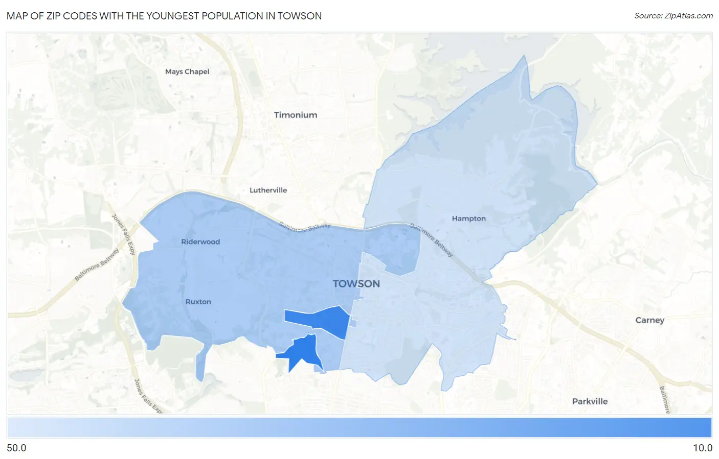 Zip Codes with the Youngest Population in Towson Map