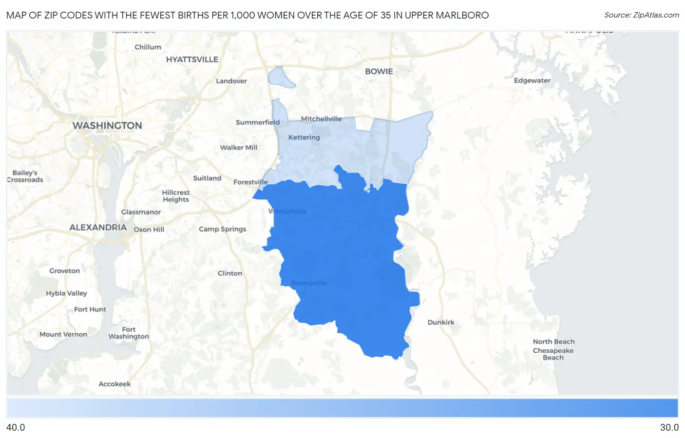 Zip Codes with the Fewest Births per 1,000 Women Over the Age of 35 in Upper Marlboro Map