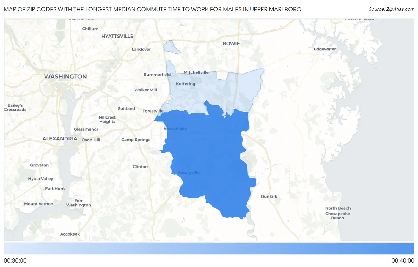 Zip Codes with the Longest Median Commute Time to Work for Males in Upper Marlboro Map
