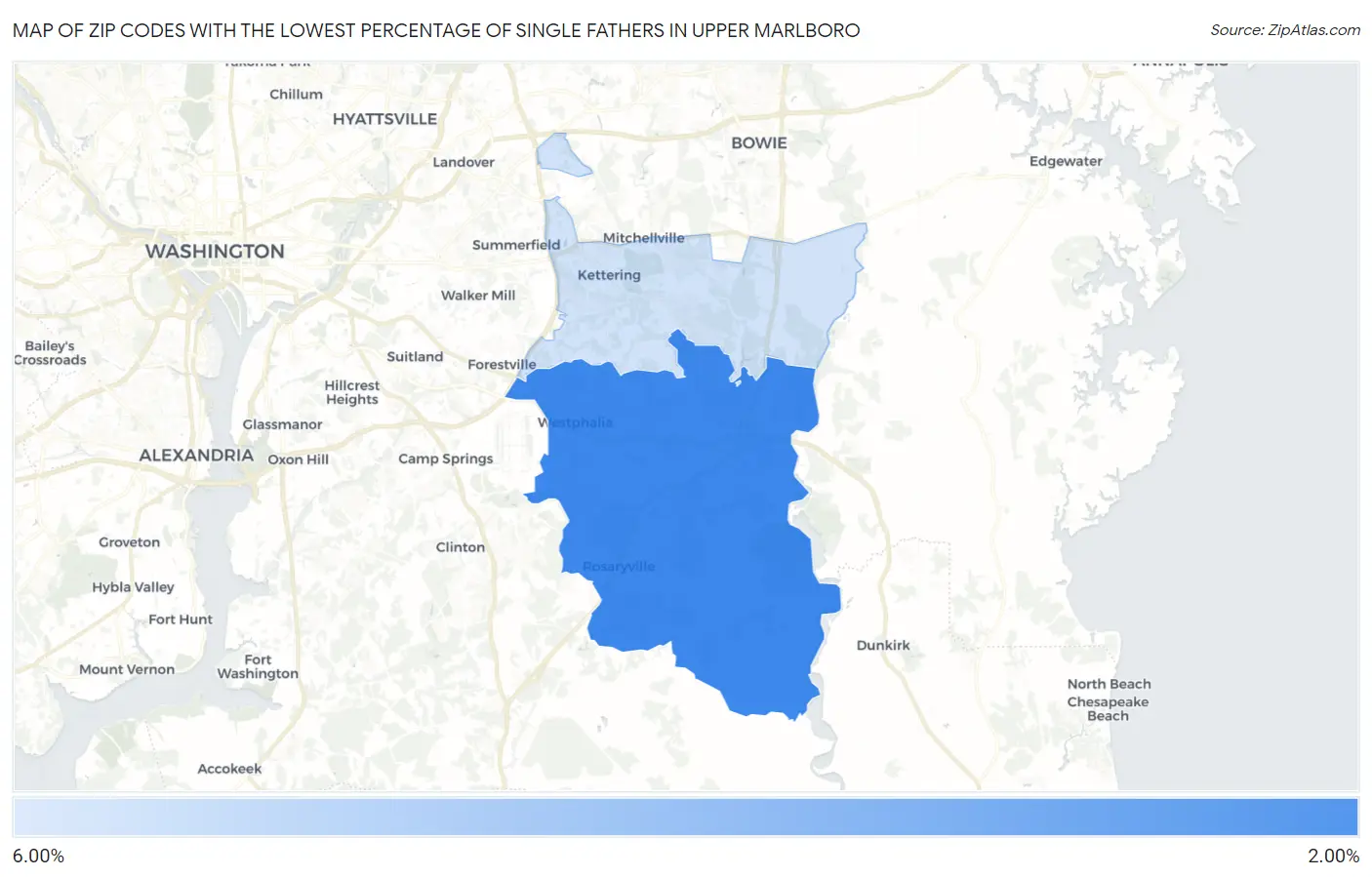Zip Codes with the Lowest Percentage of Single Fathers in Upper Marlboro Map