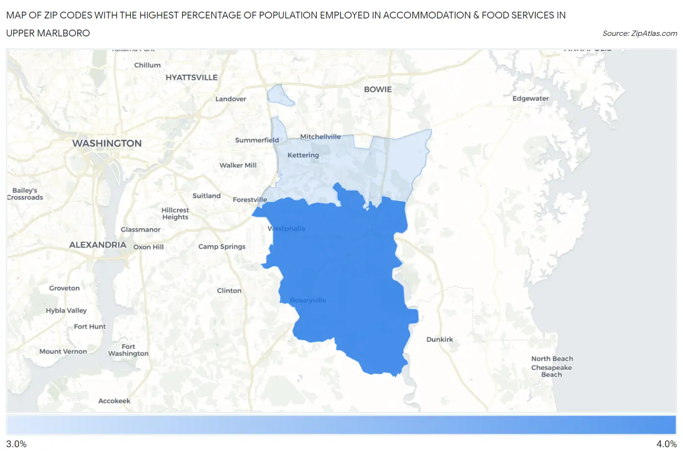Zip Codes with the Highest Percentage of Population Employed in Accommodation & Food Services in Upper Marlboro Map