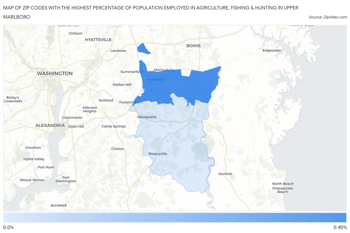 Zip Codes with the Highest Percentage of Population Employed in Agriculture, Fishing & Hunting in Upper Marlboro Map