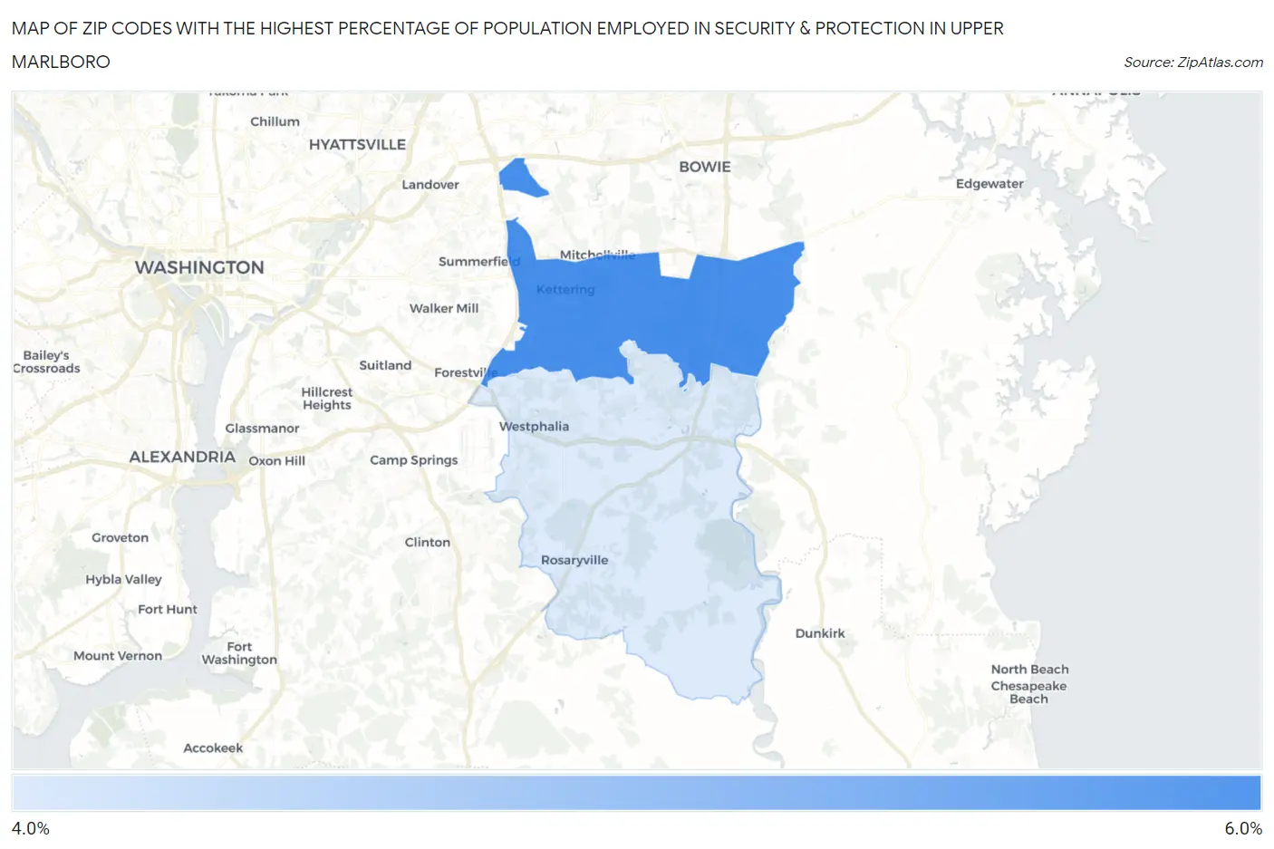Zip Codes with the Highest Percentage of Population Employed in Security & Protection in Upper Marlboro Map
