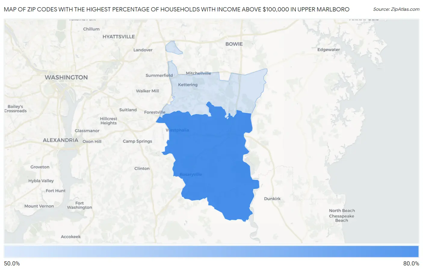 Zip Codes with the Highest Percentage of Households with Income Above $100,000 in Upper Marlboro Map