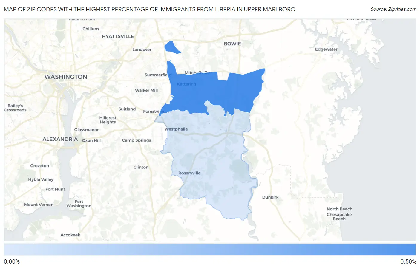 Zip Codes with the Highest Percentage of Immigrants from Liberia in Upper Marlboro Map