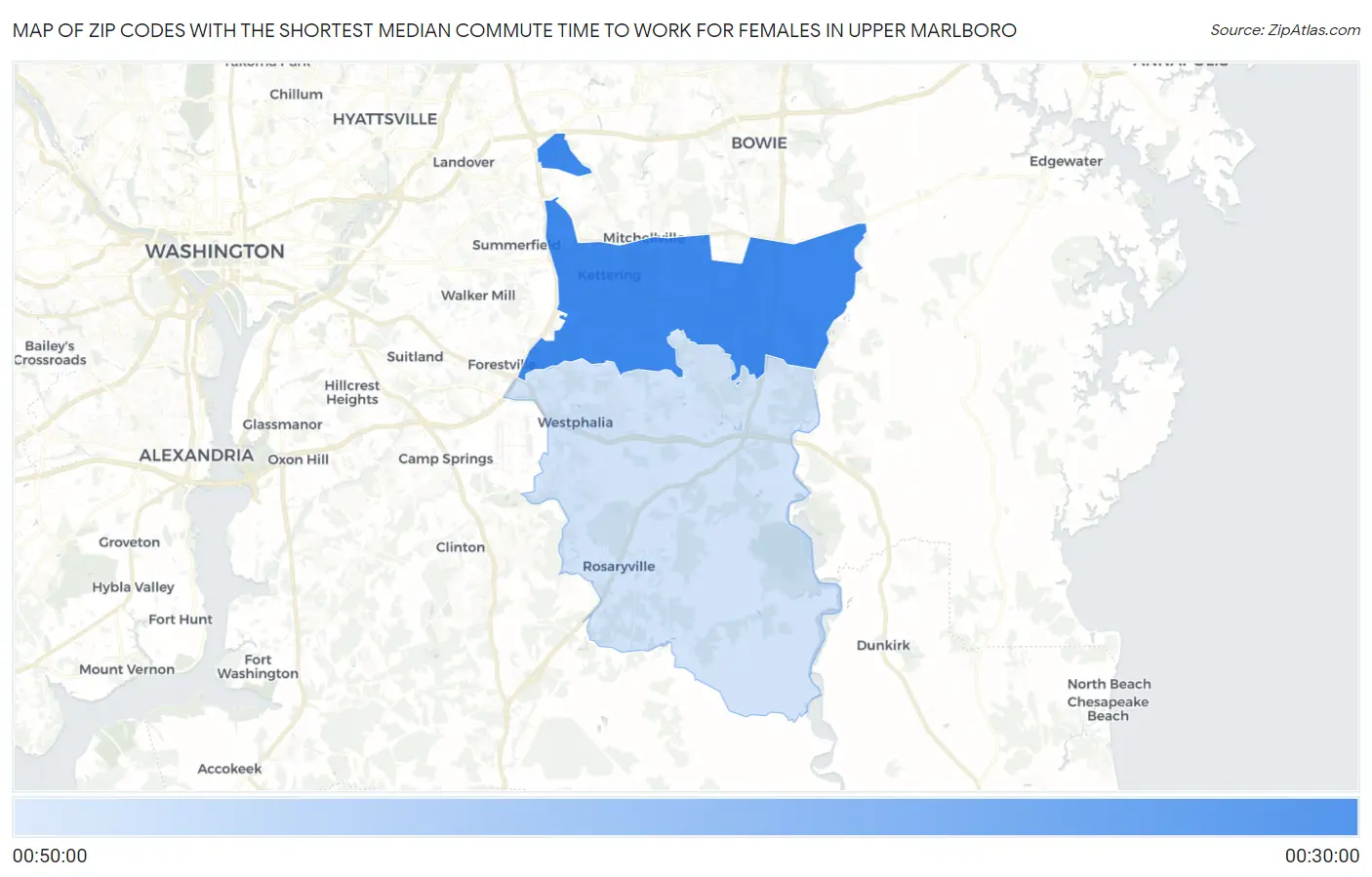 Zip Codes with the Shortest Median Commute Time to Work for Females in Upper Marlboro Map