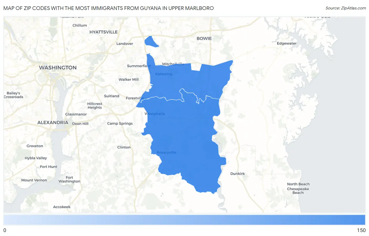 Zip Codes with the Most Immigrants from Guyana in Upper Marlboro Map