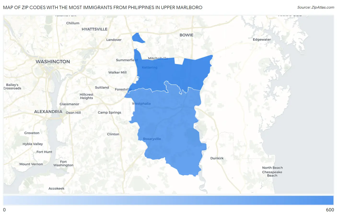 Zip Codes with the Most Immigrants from Philippines in Upper Marlboro Map