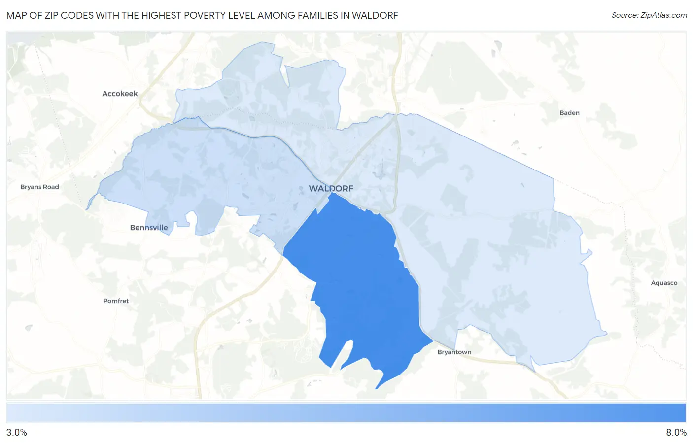 Zip Codes with the Highest Poverty Level Among Families in Waldorf Map