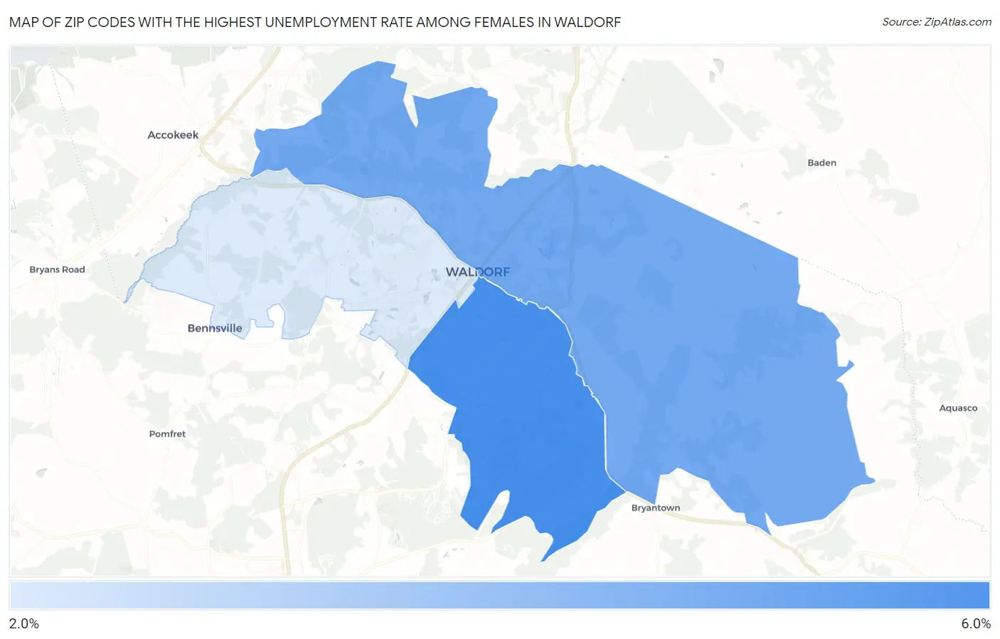 Zip Codes with the Highest Unemployment Rate Among Females in Waldorf Map