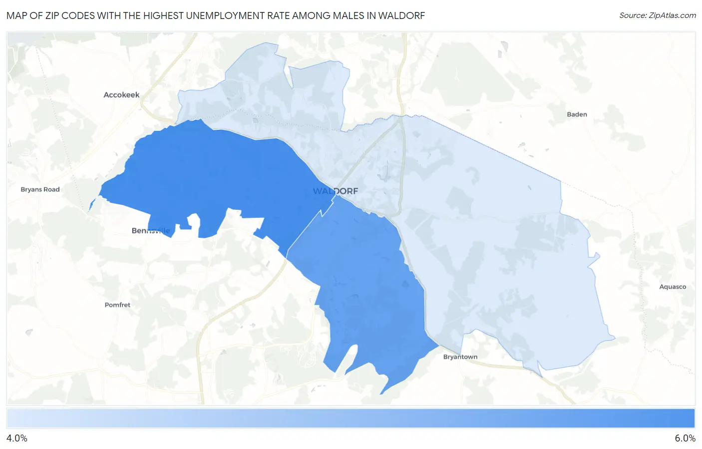 Zip Codes with the Highest Unemployment Rate Among Males in Waldorf Map