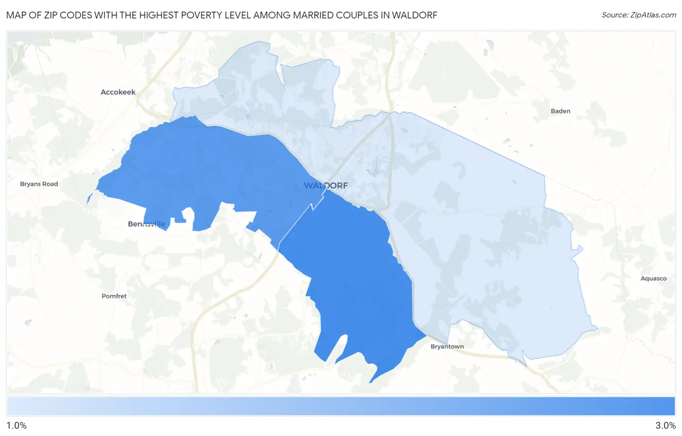Zip Codes with the Highest Poverty Level Among Married Couples in Waldorf Map