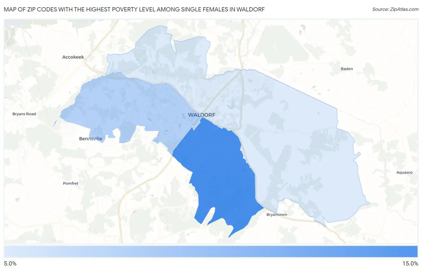 Zip Codes with the Highest Poverty Level Among Single Females in Waldorf Map