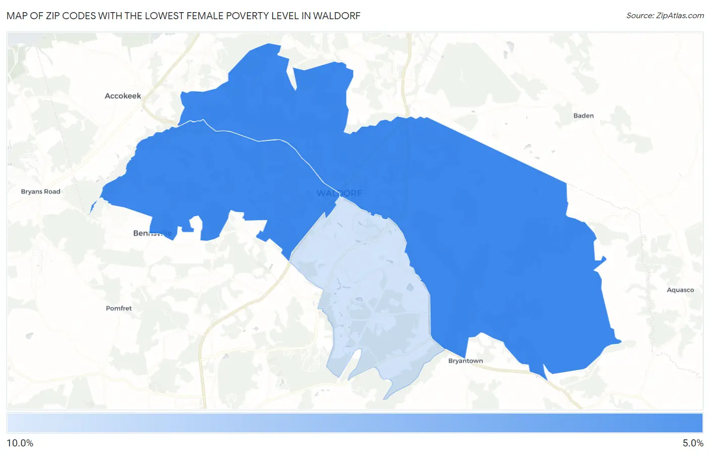 Zip Codes with the Lowest Female Poverty Level in Waldorf Map