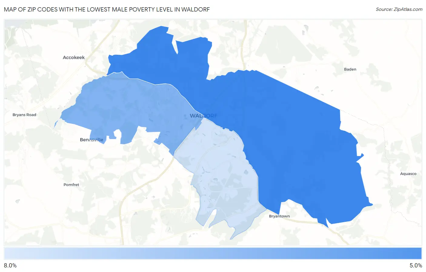 Zip Codes with the Lowest Male Poverty Level in Waldorf Map