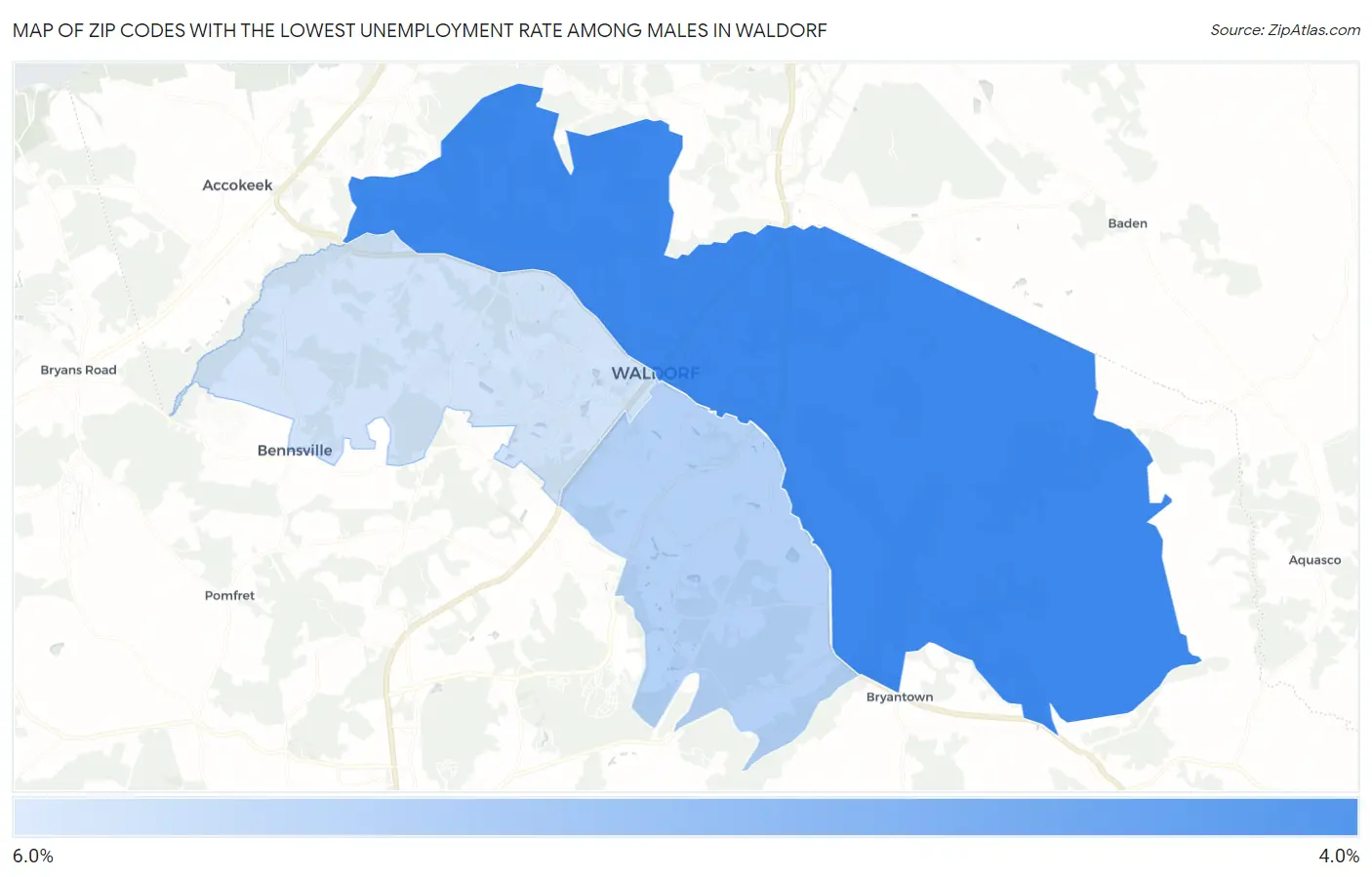 Zip Codes with the Lowest Unemployment Rate Among Males in Waldorf Map
