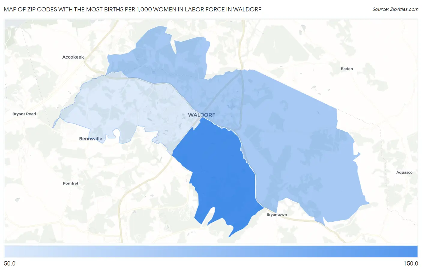 Zip Codes with the Most Births per 1,000 Women in Labor Force in Waldorf Map