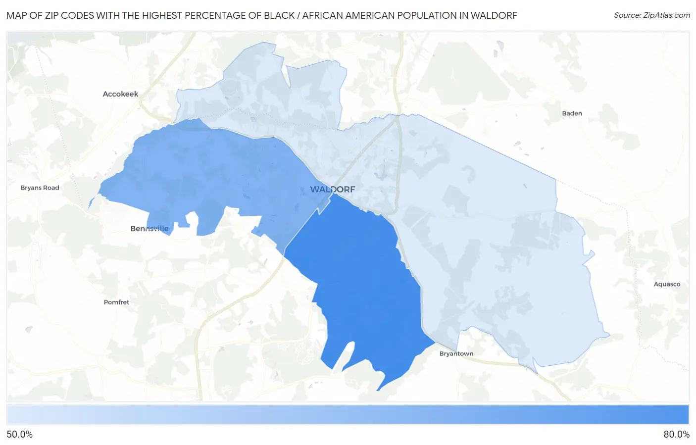 Zip Codes with the Highest Percentage of Black / African American Population in Waldorf Map