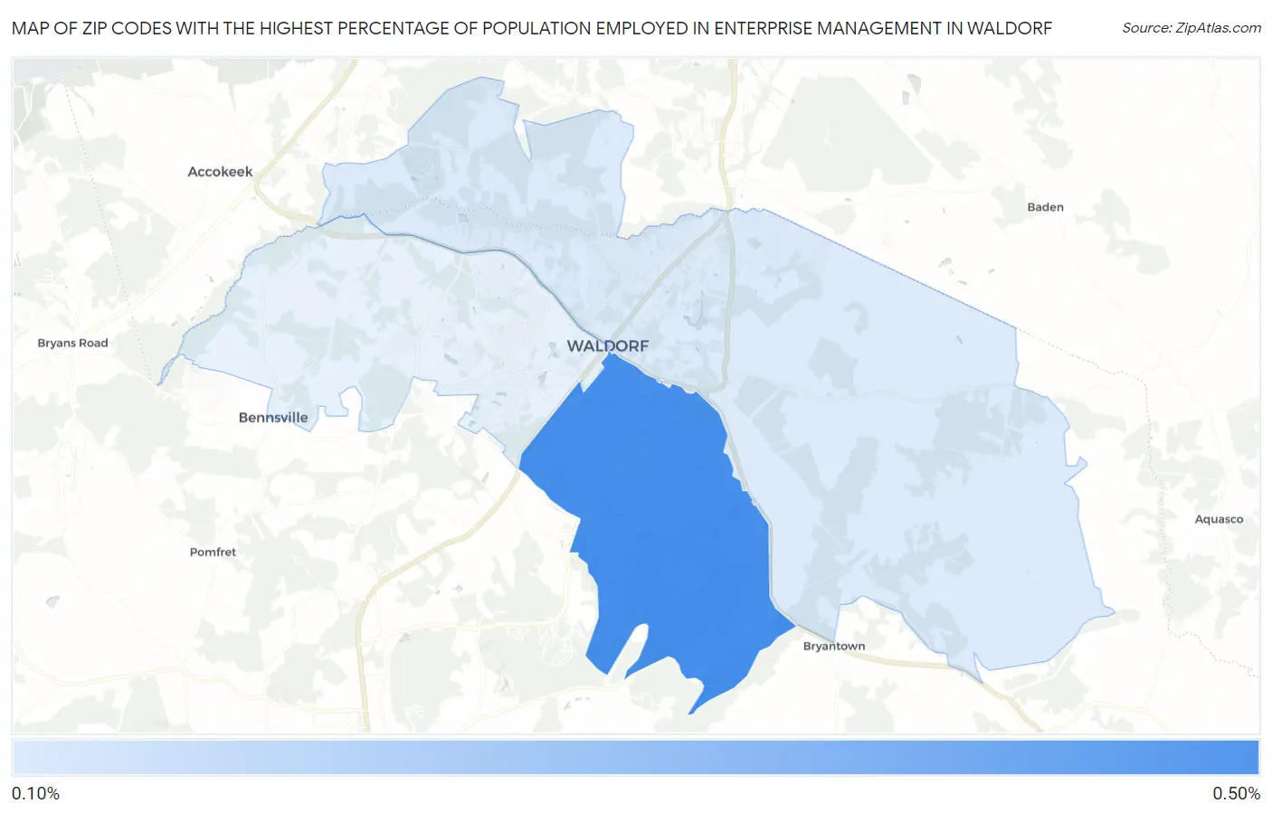 Zip Codes with the Highest Percentage of Population Employed in Enterprise Management in Waldorf Map