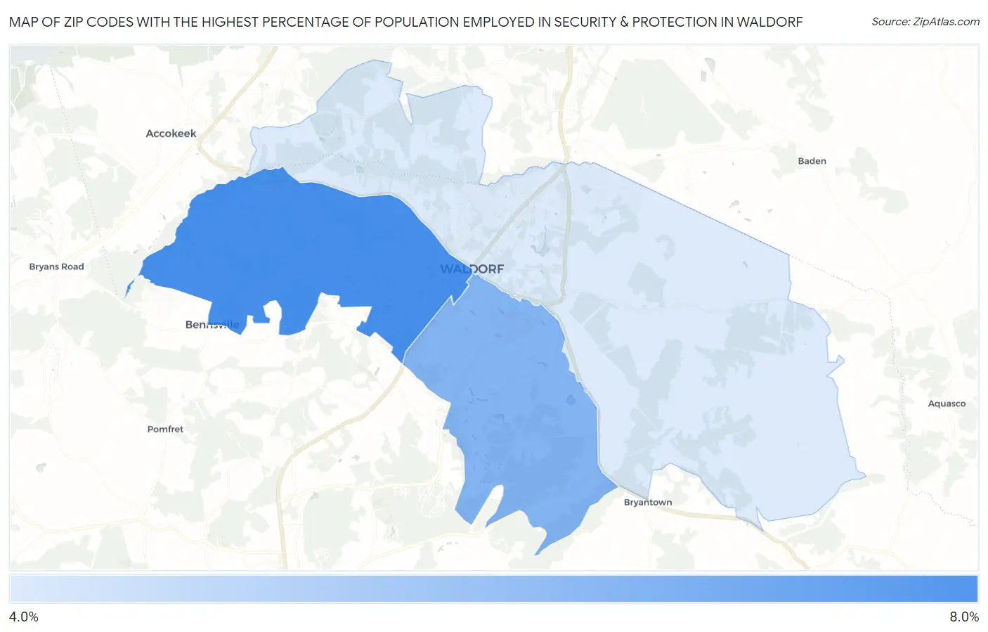 Zip Codes with the Highest Percentage of Population Employed in Security & Protection in Waldorf Map