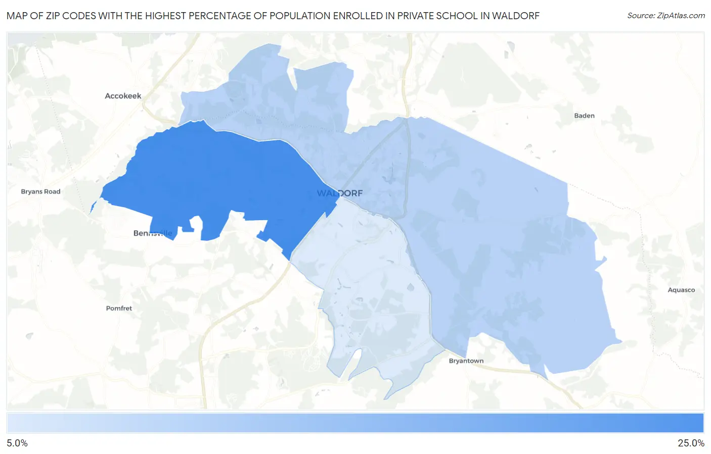 Zip Codes with the Highest Percentage of Population Enrolled in Private School in Waldorf Map