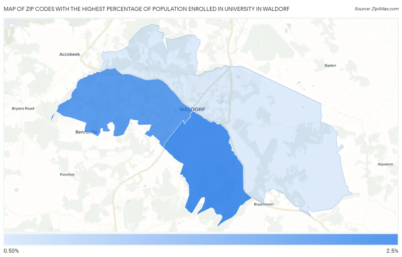 Zip Codes with the Highest Percentage of Population Enrolled in University in Waldorf Map