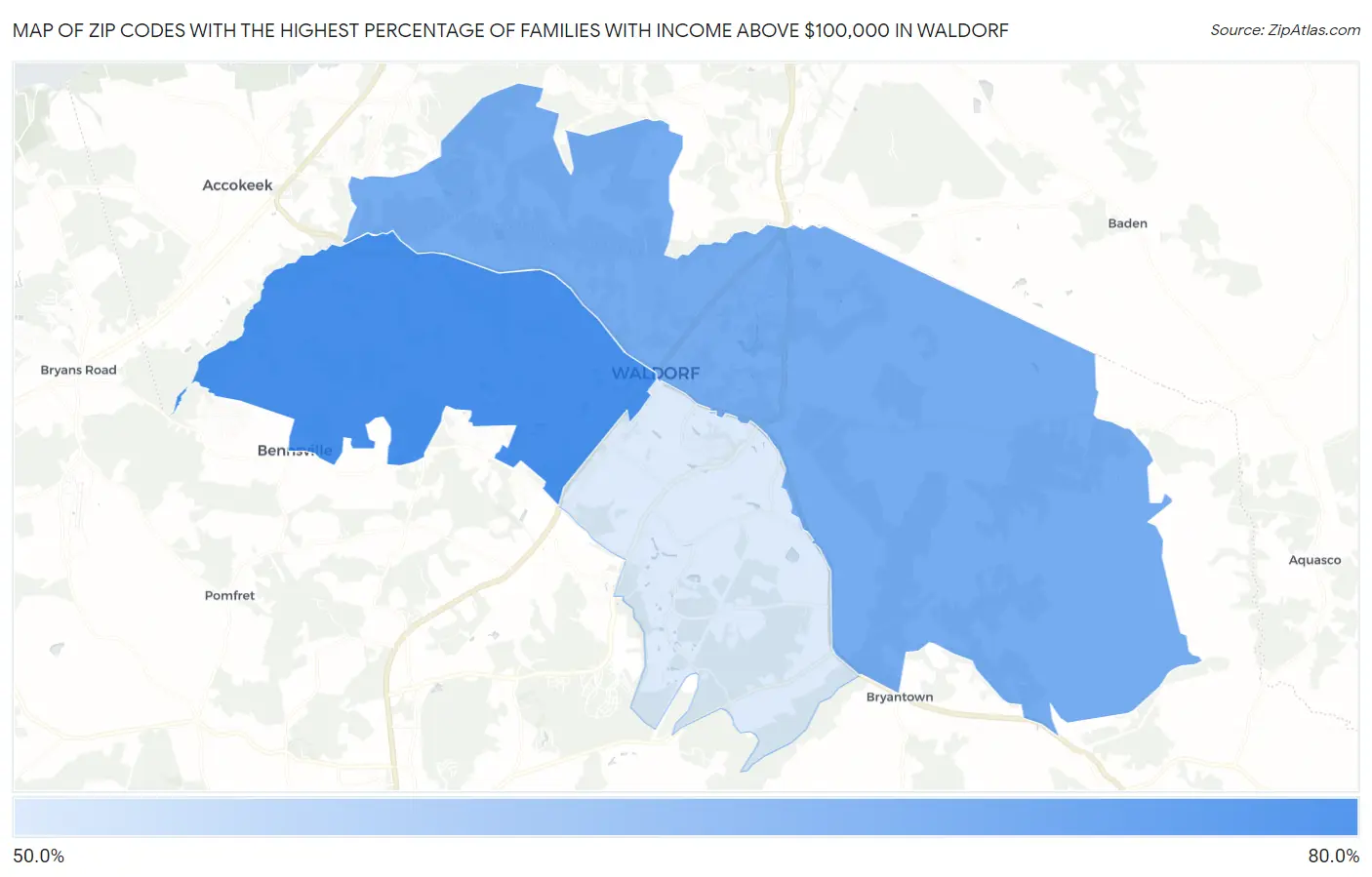 Zip Codes with the Highest Percentage of Families with Income Above $100,000 in Waldorf Map