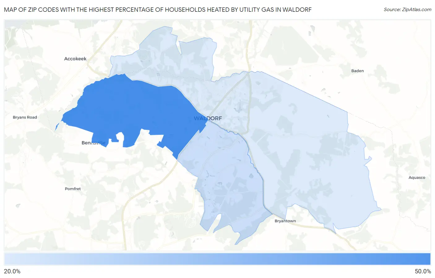 Zip Codes with the Highest Percentage of Households Heated by Utility Gas in Waldorf Map
