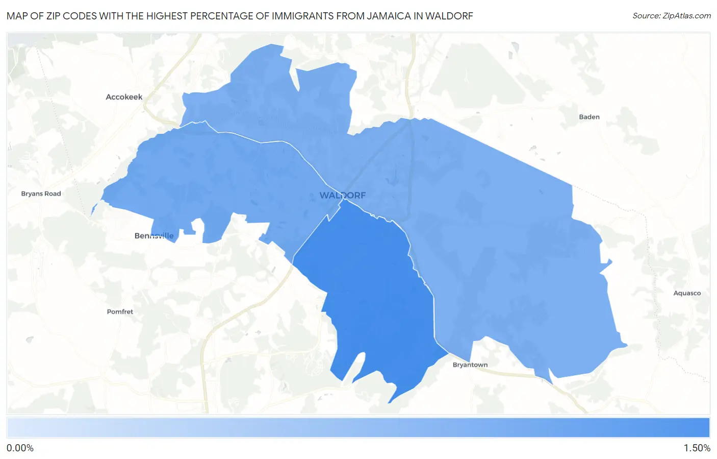 Zip Codes with the Highest Percentage of Immigrants from Jamaica in Waldorf Map