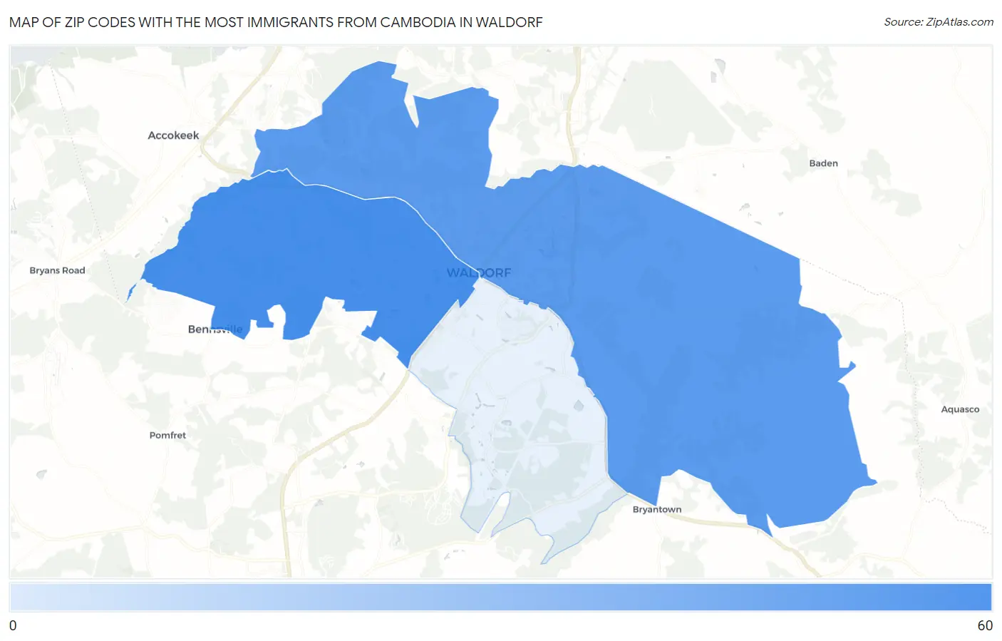 Zip Codes with the Most Immigrants from Cambodia in Waldorf Map