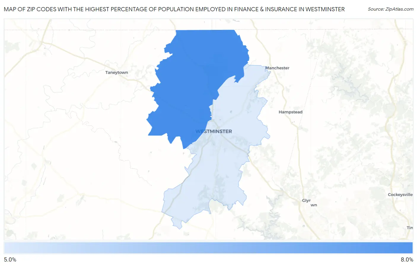 Zip Codes with the Highest Percentage of Population Employed in Finance & Insurance in Westminster Map