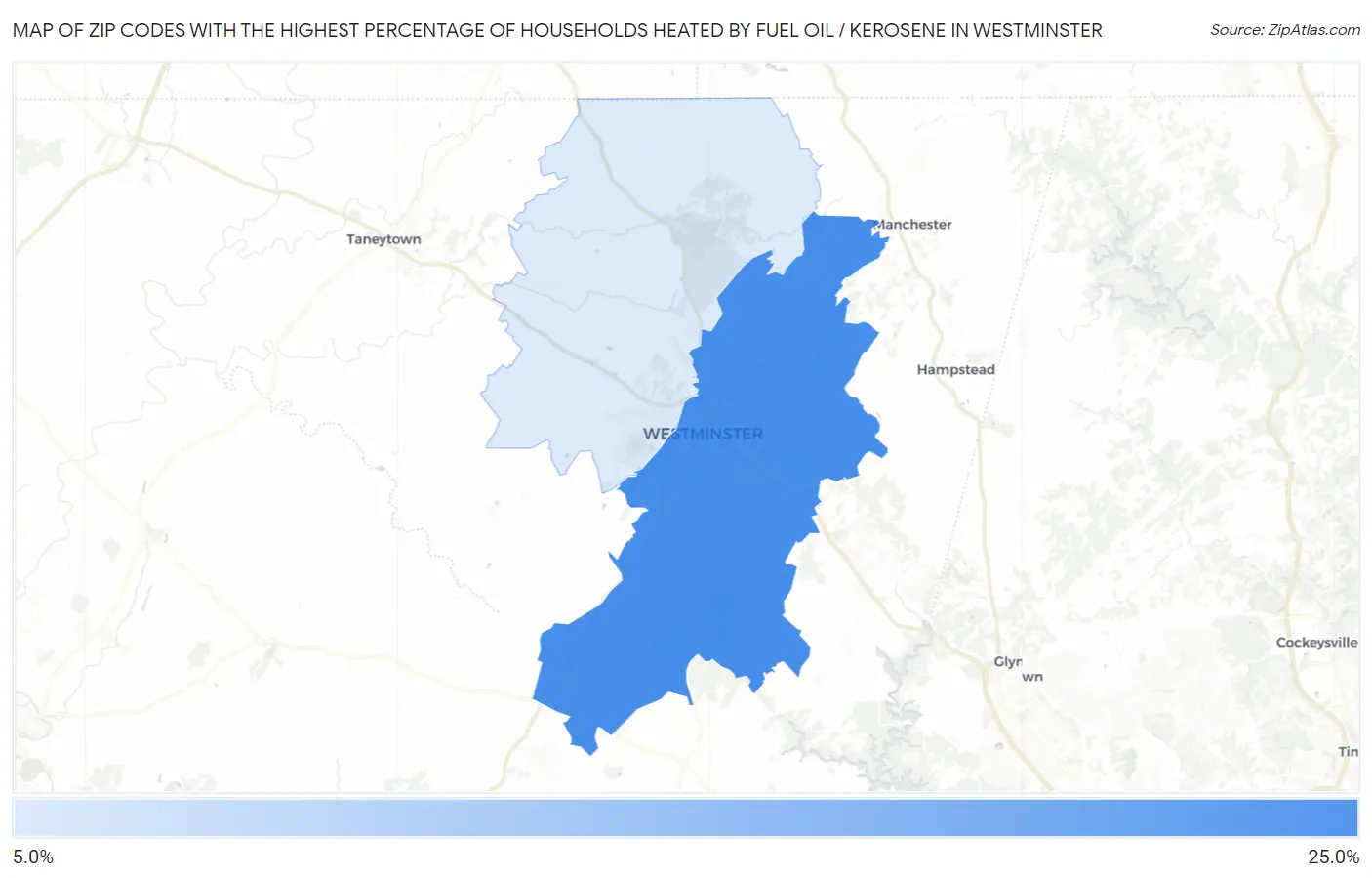 Zip Codes with the Highest Percentage of Households Heated by Fuel Oil / Kerosene in Westminster Map