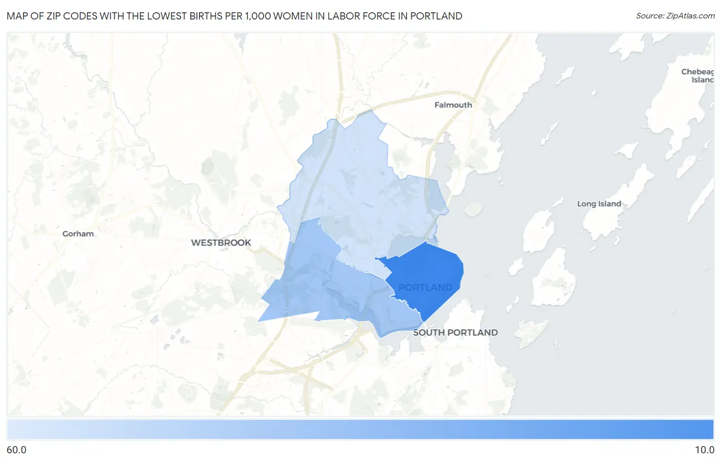 Zip Codes with the Lowest Births per 1,000 Women in Labor Force in Portland Map
