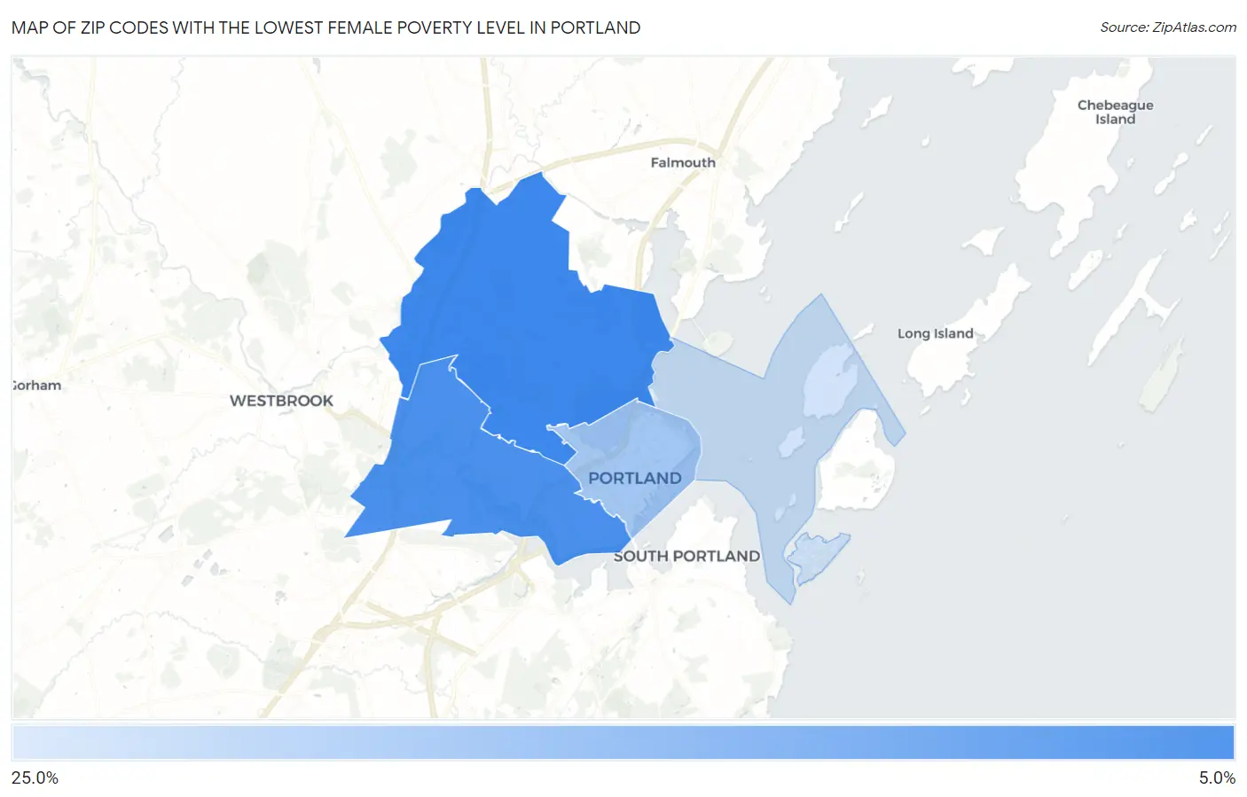 Zip Codes with the Lowest Female Poverty Level in Portland Map