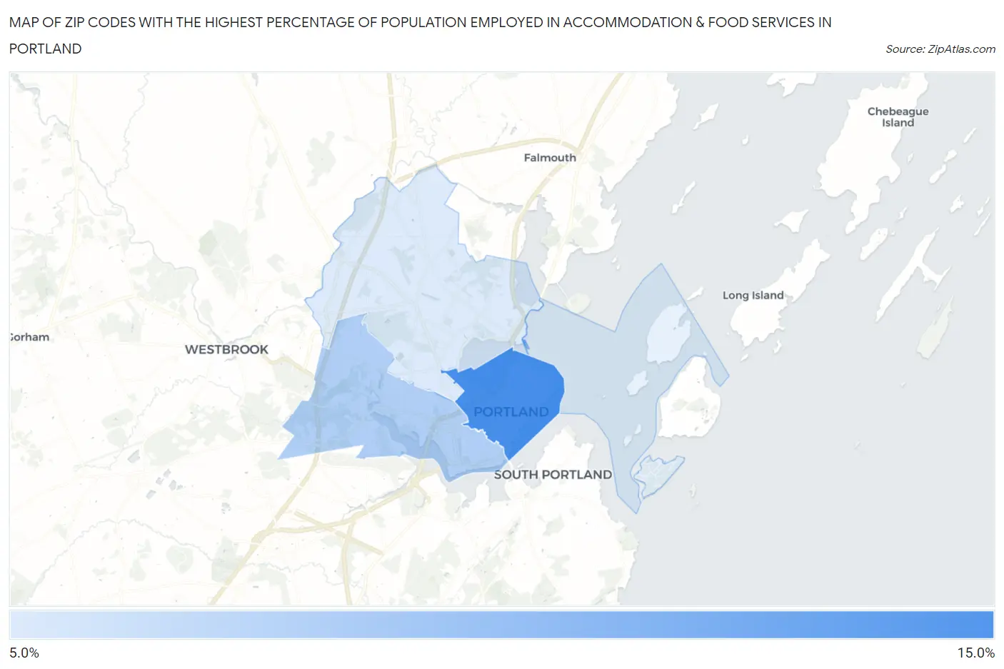 Zip Codes with the Highest Percentage of Population Employed in Accommodation & Food Services in Portland Map