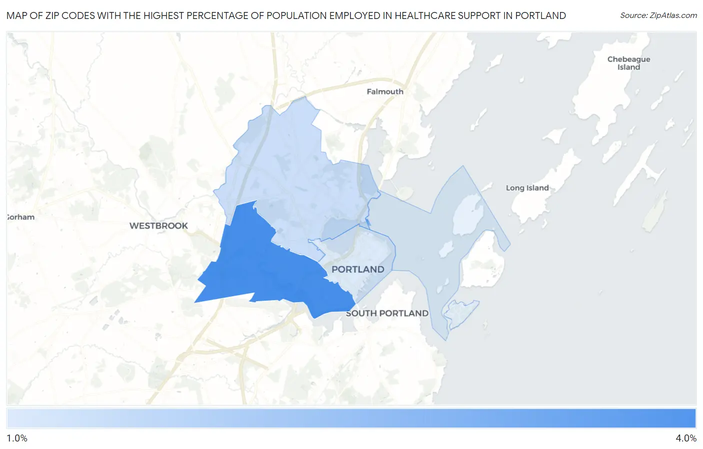 Zip Codes with the Highest Percentage of Population Employed in Healthcare Support in Portland Map