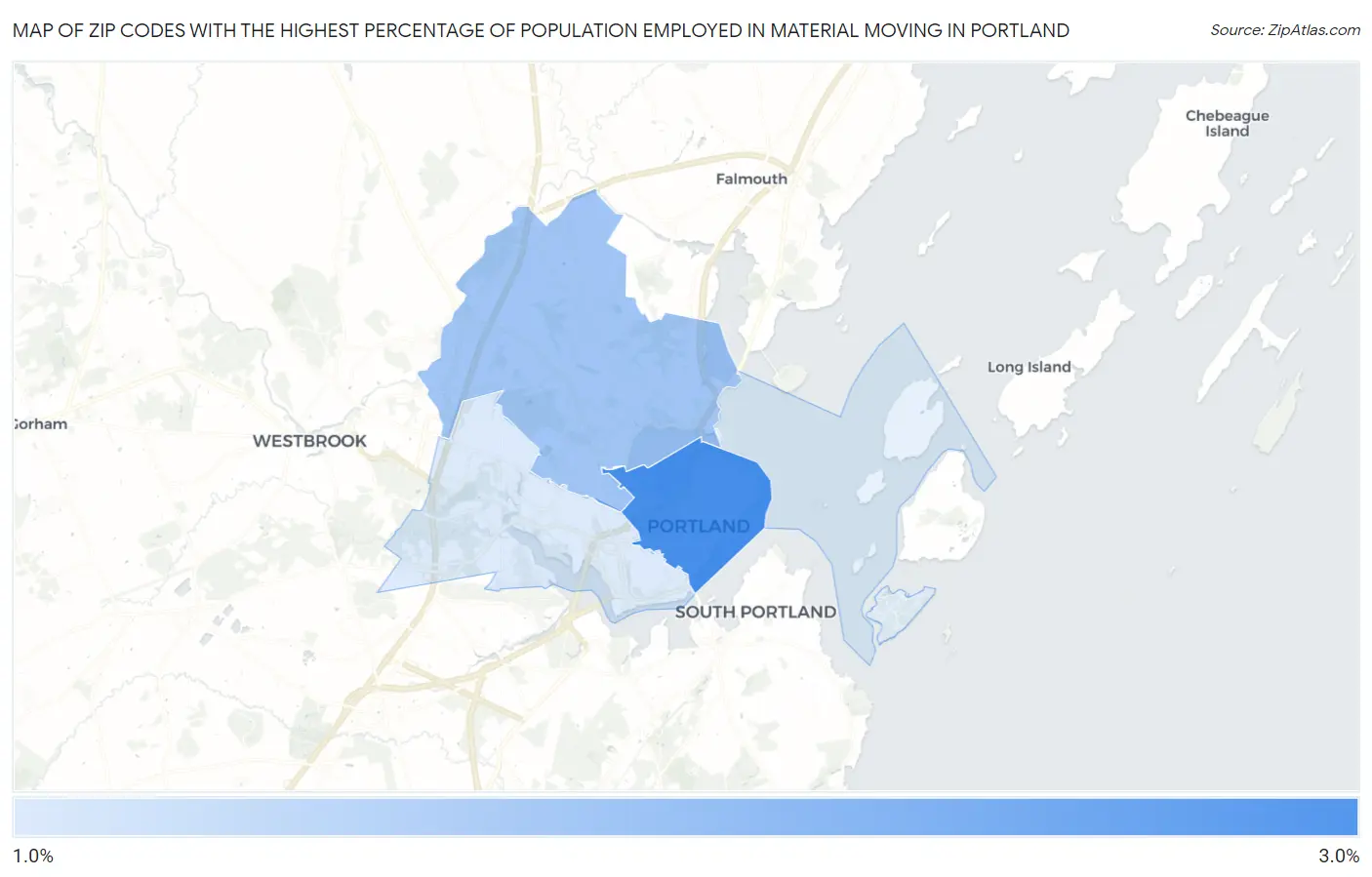 Zip Codes with the Highest Percentage of Population Employed in Material Moving in Portland Map