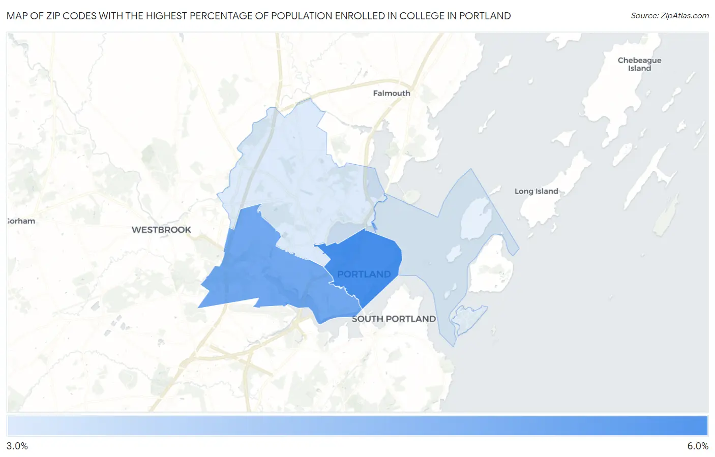 Zip Codes with the Highest Percentage of Population Enrolled in College in Portland Map