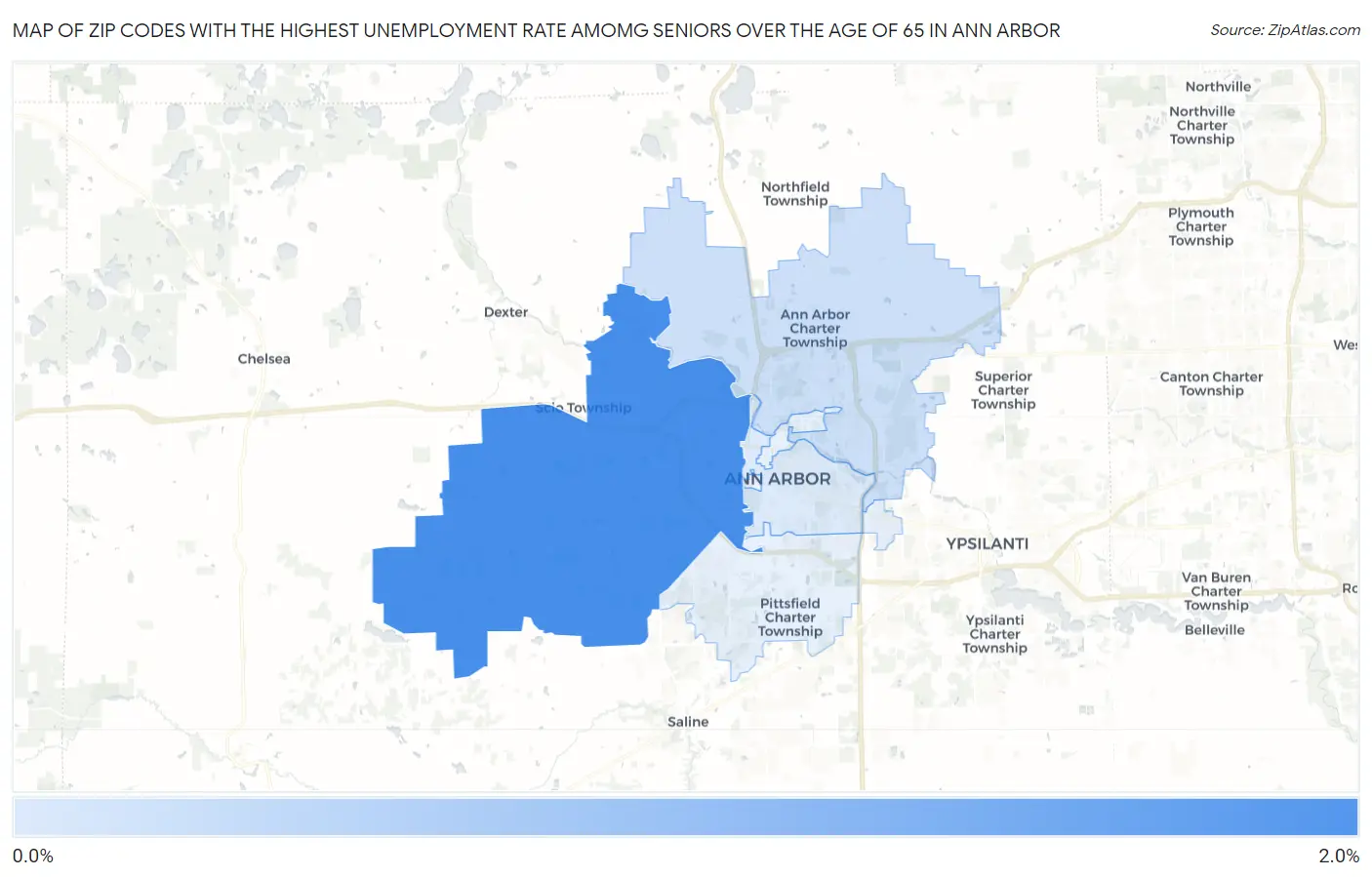 Zip Codes with the Highest Unemployment Rate Amomg Seniors Over the Age of 65 in Ann Arbor Map