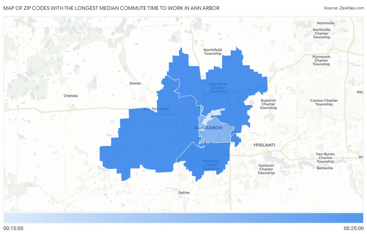 Zip Codes with the Longest Median Commute Time to Work in Ann Arbor Map