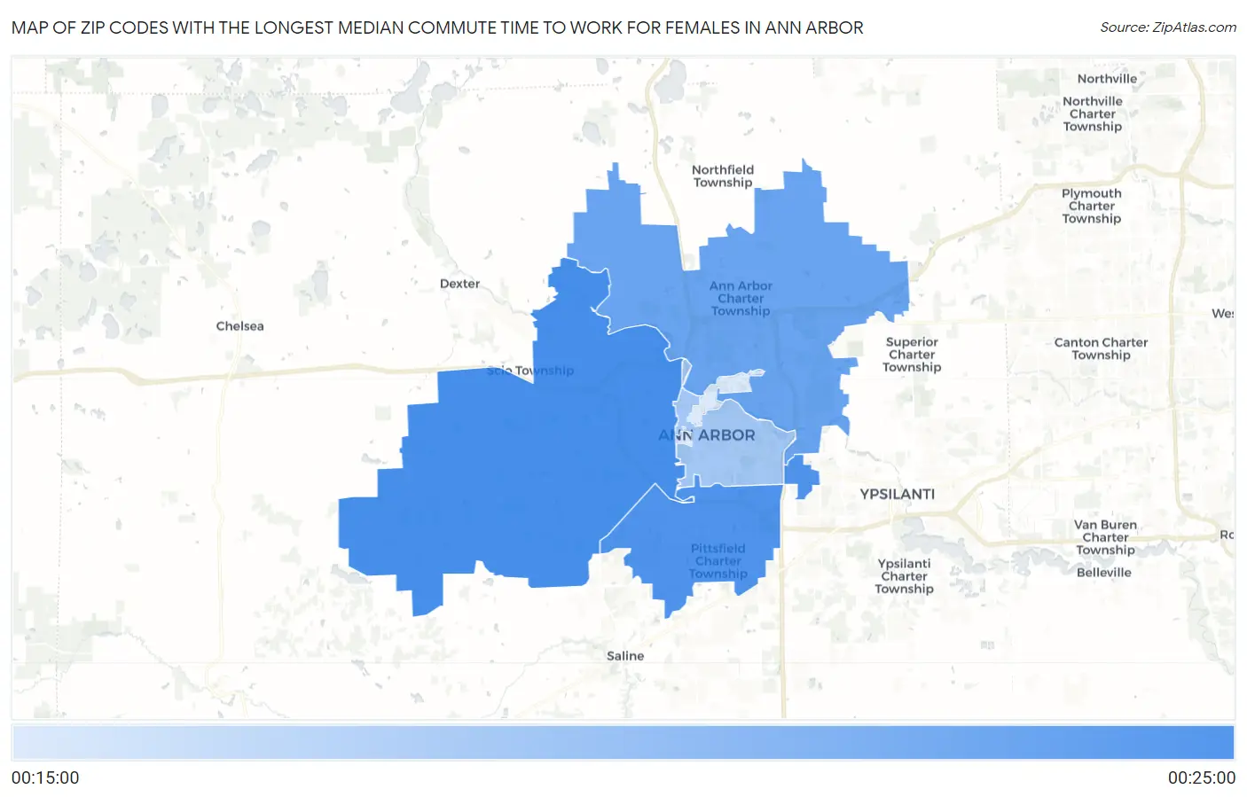 Zip Codes with the Longest Median Commute Time to Work for Females in Ann Arbor Map