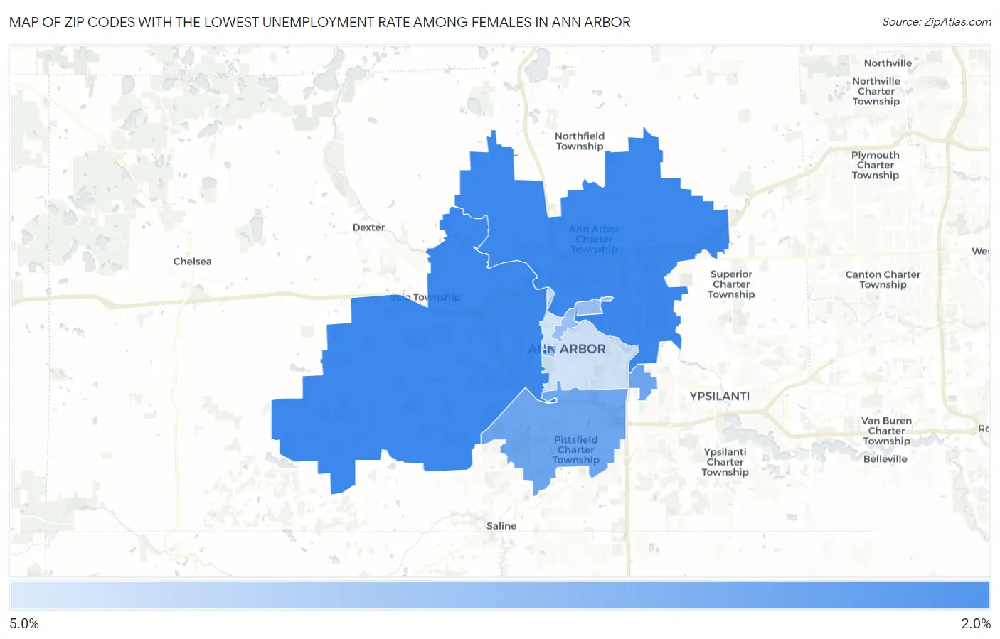 Zip Codes with the Lowest Unemployment Rate Among Females in Ann Arbor Map