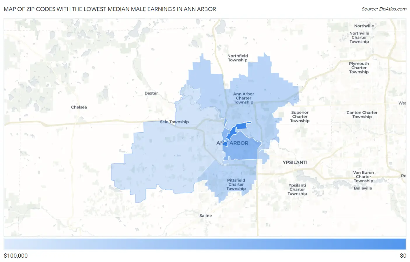Zip Codes with the Lowest Median Male Earnings in Ann Arbor Map