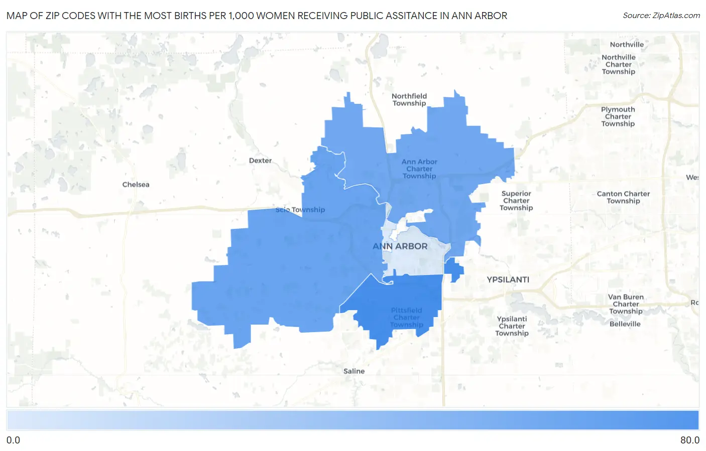 Zip Codes with the Most Births per 1,000 Women Receiving Public Assitance in Ann Arbor Map