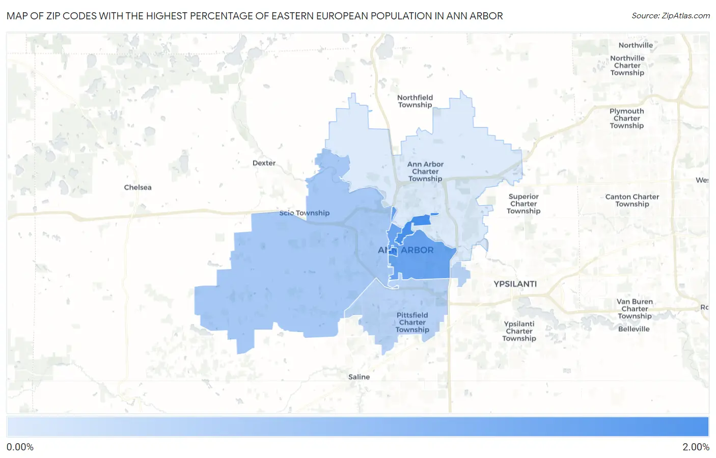 Zip Codes with the Highest Percentage of Eastern European Population in Ann Arbor Map